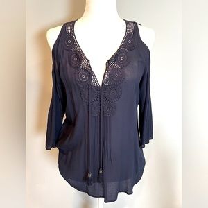 Krystil Cold Shoulder Top. Navy. Medium.